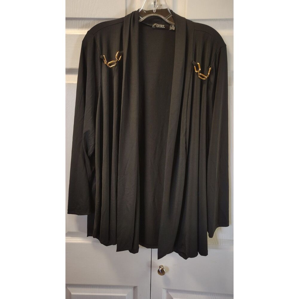 CURE. Black Open Front Cardigan with Gold Chain Accent - Size 1XL